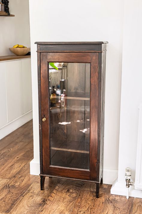 Bathroom Cabinet With Glass Doors, Antique Bathroom Cabinet, Small Curio Cabinet, Antiquing Furniture Diy, Bathroom Standing Cabinet, Vintage Cupboard, Diy Marble, Victorian Bathroom, Vintage Bath