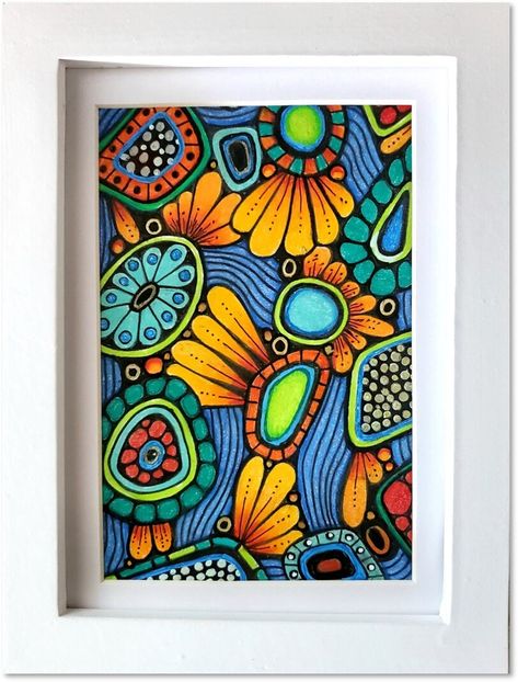 "ZIA (Zentangle-Inspired Art) Item #0083. Original art created in 2022 on a 6\" x 8\" watercolor white paper tile. Materials include pen and ink, colored pencil, and watercolors. Brilliant colors fill the whimsical shapes, and a Wink of Stella clear glaze mica brush pen adds a random subtle shimmer throughout, not captured in the photo. Frame size: 6\" x 8\" (15.3 x 20.3 cm) white wood frame. Back of frame has a kickstand and a metal hanging clip. $50 I am a CZT - Certified Zentangle Teacher. Ze Zentangle Art Colorful, Colored Zentangle, Zentangle Pens, Zantangle Art, Pen And Ink Art, Brush Pen Art, Arte Peculiar, Zen Doodle Art, Sharpie Art