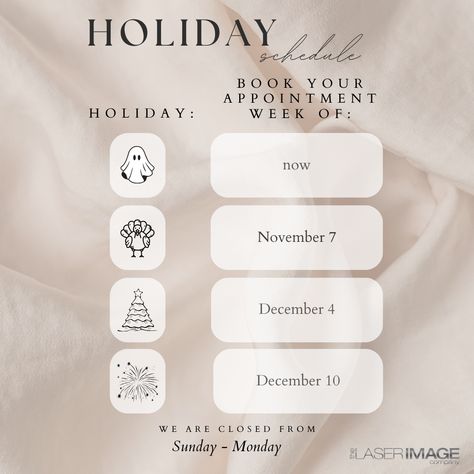 'Tis the season to prebook for the holidays 🎉 for the best results, book 2-3 weeks before your festivities. So here's a timeline of when you should schedule your holiday treatments to look your best for every event or family gathering 🤩 call (310) 543-9073 📲 or book online! We look forward to seeing you soon, and Happy Holidays. 💛 

#thelaserimagecompany #holidays #redondobeach #medspa #premiermedspa #losangelesmedspa #botox #jeuveau #dysport #injectables #wrinklerelaxers #dermalfillers B12 Injections, Instagram Branding Design, Holiday Schedule, Instagram Branding, Redondo Beach, Medical Spa, Looking Forward To Seeing You, Dermal Fillers, Med Spa