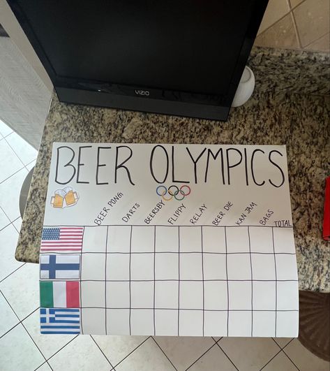 Beer Olympics Poster Board, Olympic Party Ideas, Beer Olympics Decorations, Camping Olympics, Beer Olympics Team Themes, Beer Olympics Scoreboard, Beer Olympics Teams, Drinking Game Ideas, Wedding Olympics