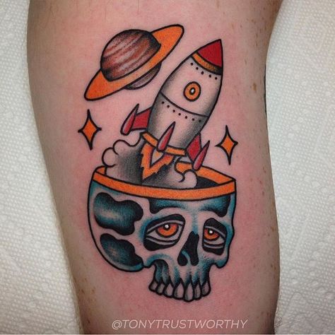 Tattoo by Tony Talbert @tonytrustworthy #goldenmonkeytattoo #fredericksburgva #fxbg #va #virginia Rocket Ship Tattoo, Spaceship Tattoo, Sailor Jerry Tattoo Flash, Rocket Tattoo, Saturn Tattoo, Lily Flower Tattoos, Monkey Tattoos, Planet Tattoos, Alien Tattoo