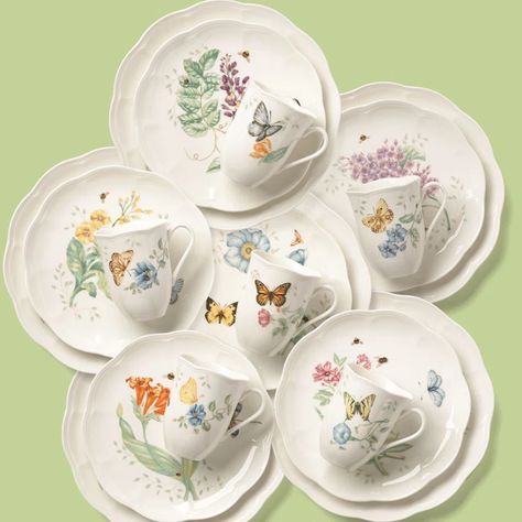 Lenox Butterfly Meadow Porcelain China Dinnerware - Set of 18 & Reviews - Wayfair Canada Crockery Set, Butterfly Meadow, Lenox Butterfly Meadow, Trademark Design, China Dinnerware Sets, Bone China Dinnerware, Butterflies And Flowers, Stoneware Dinnerware, Glass Butterfly