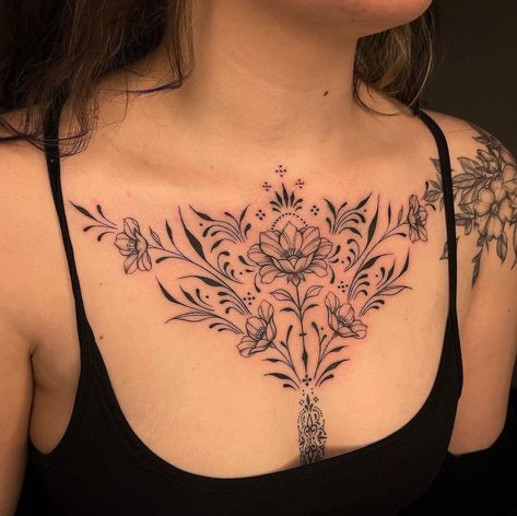 Simple Chest Piece Tattoos For Women, Chest Stomach Tattoo Female, Chest Tattoo Female Ornamental, Chest Tattoo Feminine, Chest Pieces For Women Tattoo, Blackwork Chest Tattoo Woman, Lady Chest Tattoo, Chest Tattoos For Women Flower, Floral Chest Piece Tattoo Female