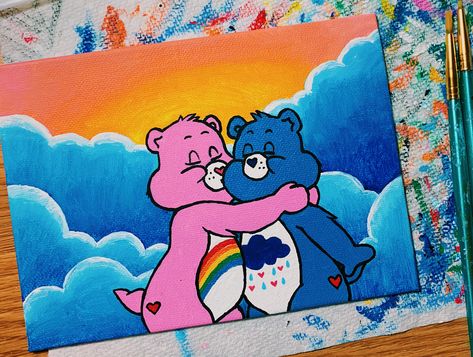 #carebears #painting #vibes #90s #childhood Easy Painting Ideas On Canvas For Couple, Carebears Painting Ideas, Carebear Paintings, Disney Cartoon Paintings, Care Bear Painting Canvas, Carebear Painting Canvas, Acrylic Painting Ideas Cartoon, 2000s Painting Ideas, Care Bears Painting