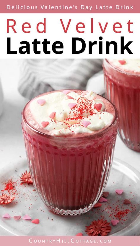 See how easy it is to create red velvet coffee at home! If you like red velvet cake, you are going to love this red velvet latte recipe that combines coffee, cocoa, beet juice, and milk to make a delicious Valentine’s drink. Includes variations for pink velvet latte (Dunkin-inspired), vegan Valentine’s latte, hot and iced. This red velvet coffee is sure to become your favorite Valentine’s Day drink. No to mention, the recipe only takes only 10 minutes to whip up! | CountryHillCottage.com Red Velvet Coffee, Red Velvet Latte, Instant Coffee Recipes, Valentine Drinks, Coffee Latte Art, Coffee Valentines, Coffee At Home, Beet Juice, Birthday Coffee