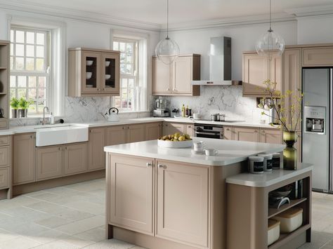 Matt-Stone-Grey-Tullymore-Kitchen Big Kitchen Design, Taupe Kitchen Cabinets, Taupe Kitchen, Grey Kitchen Designs, White Kitchen Backsplash, Gray And White Kitchen, Blue Kitchen Cabinets, Gray Cabinets, White Kitchen Design