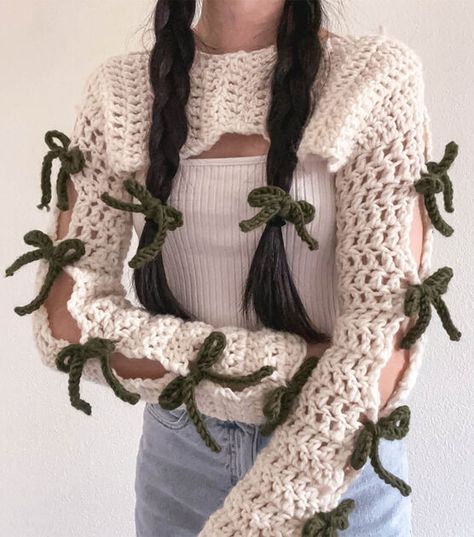 How To Make Crochet Bow Shrug Online | JOANN Crochet Crop Shrug, Crochet Wardrobe, Crochet Coquette, Braids Styling, Shrug Crochet, Crochet Bow, Shrug Pattern, Mesh Bows, Mesh Sweater