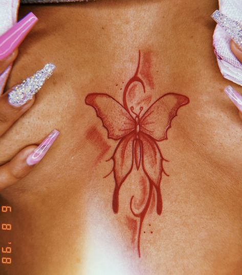 Pelvic Tattoos Women Ideas Small, Sternum Tats For Women, Center Of Chest Tattoo Female, Tattoo On Breast Women, Tattoos For Underboob, Under Thigh Tattoos Women, Tattoo Ideas Female Breast, Bgc Tattoo, Chest Tats For Women