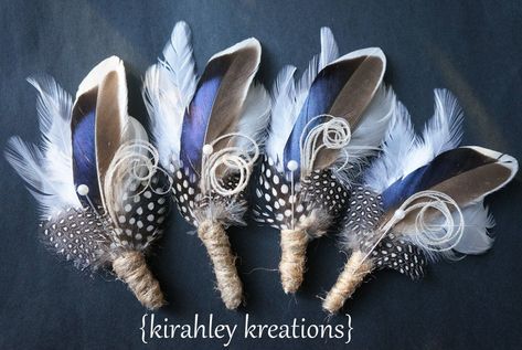 THANDION is an original and Rustic Something Blue boutonniere perfect for the Groom and Groomsmen! Created with choice of SINGLE or DOUBLE mallard duck feathers, accenting white and natural guinea feathers all securely wrapped with a rustic burlap twine. Comes with a pearl stick pin for attaching. >> PLEASE NOTE << These are NATURAL Mallard Duck feathers. No two feathers are perfectly identical, therefore some variances in color should be expected. The predominant color is a deep blu Feather Boutonniere Wedding, Feather Buttonhole, Duck Feather Boutonniere, Groomsmen Buttonholes, Blue Boutonniere, Feather Boutonniere, Feathers Wedding, Wedding Minister, Rustic Boutonniere