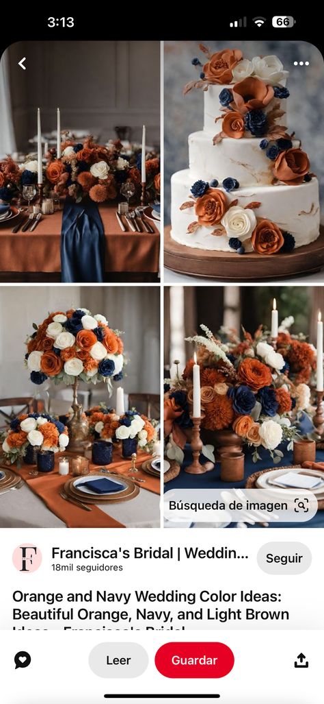 Blue Orange Weddings, Blue Fall Wedding, Orange Wedding Decorations, Navy Wedding Colors, Bronze Wedding, Earthy Wedding, Wedding Colors Blue, Navy Blue Wedding, Orange Wedding