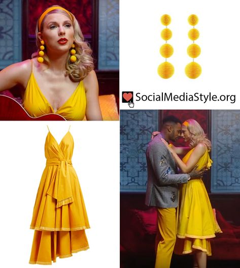 #TaylorSwift #Lovermusicvideo #lovervideo #lover #yellowearrings #yellowdress #JohannaOrtiz #RebeccadeRavenel Lover Yellow Dress, Outfits Inspired By Lover Taylor Swift, Lover Era Costume, Taylor Swift Lover Yellow Dress, Taylor Swift Lover Music Video Outfits, Taylor Swift Yellow Outfit, Lover Music Video Outfits, Lover Costume Taylor Swift, Taylor Swift Lover Dress