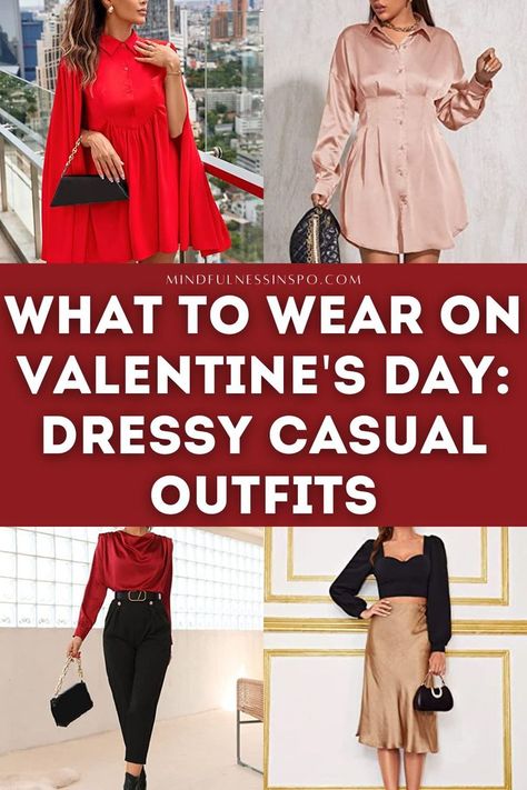 what to wear on valentines day dressy casual outfits featuring classy red dress with wing sleeves, pink satin mini long sleeve dress, red satin blouse and black dressy pants outfit, black dressy long sleeve top and gold satin midi skirt outfit. Outfit Ideas Dressy Classy, Dinner Outfit Ideas Dressy, Valentines Dinner Outfit, Valentines Day Outfits For Women, Dinner Outfits For Women, Outfit Ideas Cold Weather, Outfit Ideas Cold, Valentines Day Outfit Ideas, Dinner Outfit Classy