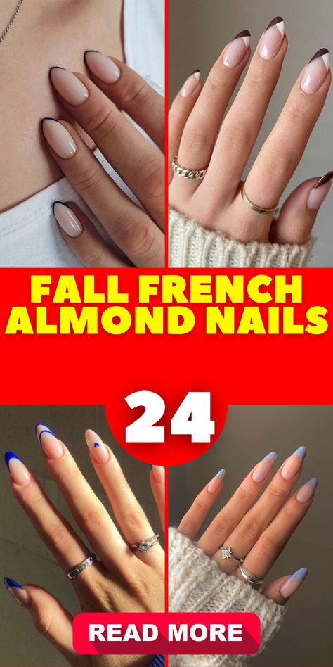 Welcome fall with open arms and stylish nails! Try our French almond nails in various designs, available in both short hot pink and long green variants.Revamp your nails for the new season with our French almond designs. Available in an array of colors such as classic white, hot pink, and green for your fall look. Swirled French Tip Nails, French Manicure Nails Almond Shape, Fall Transition Nails Almond, Fall Nails Almond Shape French, Almond French Color Tip Nails, Split Color French Tip Nails, Fun French Nails Almond, Almond Nails French Manicure, French Fall Nail Designs