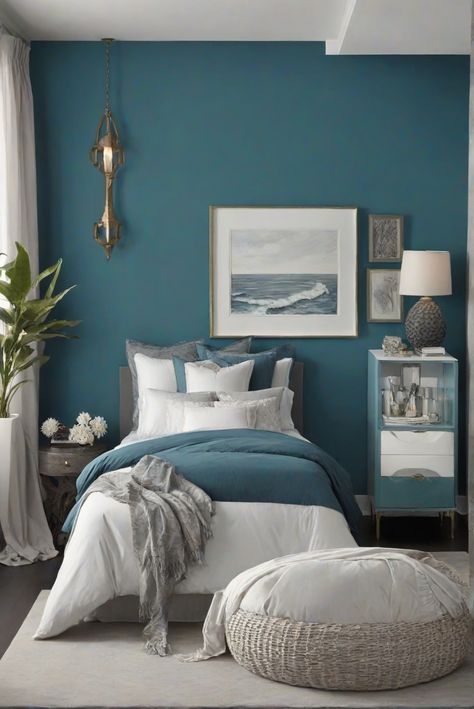 home decor interior design,interior bedroom design,living room interior,designer wall paint Ocean Blue Bedroom Walls, Ocean Blue Bedroom, Teal Accent Wall Bedroom, Turquoise Accent Wall, Ocean Inspired Bedroom, Ocean Abyss, Astronomy Prints, Turquoise Bedroom, Best Wall Paint