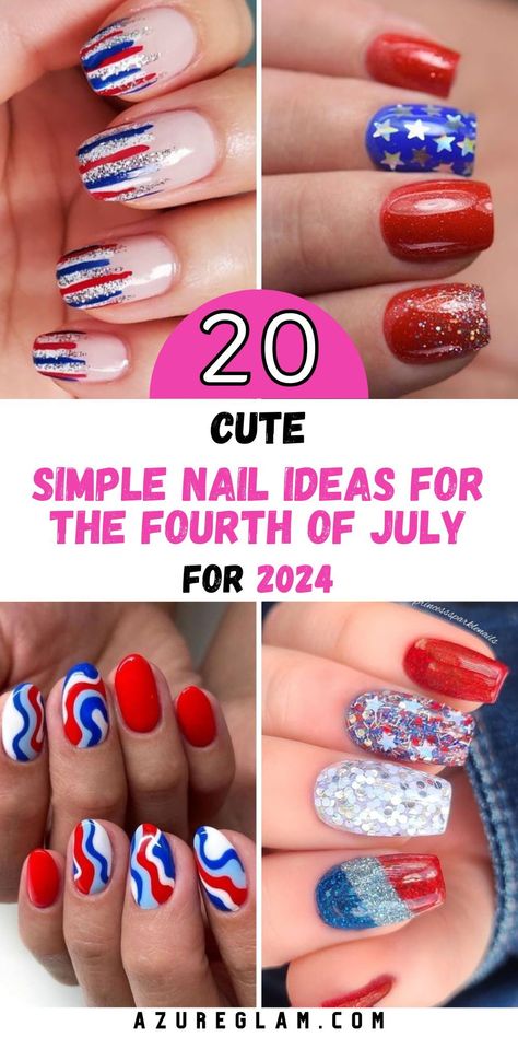 Show off your patriotic pride with our collection of 20 Simple Nail Ideas for the Fourth of July 2024. Whether you're spending the day at a parade or hosting a party, our nail ideas are perfect for celebrating America's birthday in style. From short nails to almond shapes, our collection offers a variety of options to suit your personal style. Explore our simple nail designs now and get ready to shine on the Fourth of July! Memorial Day Nails Gel Short, Patriotic Nails 2024, Memorial Day Nails 2024, Nail Ideas Fourth Of July, Memorial Day Nails Simple, Patriotic Nail Designs Simple, Patriotic Gel Nails, July Nails 2024, Summer Nails Sns