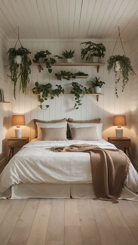 Refresh your interiors with trendy decor ideas and chic inspirations. Discover elegant updates and luxe designs to create a stylish and modern home. #HomeInspiration #DecorTrends #LuxeStyle Bedroom Plants And Greenery Ideas, Plant Headboard, Greenery Bedroom Ideas, Wall With Ledge, Boho Accent Wall, Green Accent Wall, Green Accent Walls, Bedrooms Decor, Bedroom Plants