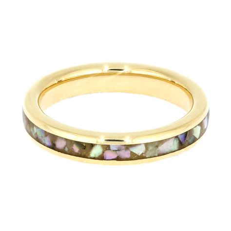 This abalone wedding band has a presence like no other. The vibrant glow of crushed abalone gives this 10k yellow gold ring a dazzling display. RING LAYOUTRing Width: 3.5 mmRing Sleeve: 10k Yellow GoldRing Profile RoundRing Finish: Polished 0.75 mm 10k Yellow Gold2 mm Crushed Sea Shells0.75 mm 10k Yellow Gold This ring is made with a comfort fit. RING FITTING: We highly recommend that you get your ring size in a COMFORT FIT measured by reputable jewelers UNTIL at least 2 agree on the same size ( Beach Wedding Ring, Shell Wedding, Abalone Ring, Seashell Wedding, Abalone Jewelry, Engraved Wedding Rings, Jewelry Wedding Rings, Unique Wedding Bands, Yellow Gold Ring