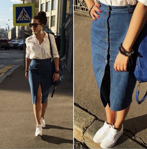 Denim Pencil Skirt Outfit Summer, Denim Skirt Outfit Summer Street Style, Denim Skirt And Sneakers Outfit, Denim Pencil Skirt Outfit, Midi Pencil Skirt Outfit, Jean Skirt Outfits Summer, Midi Skirt Outfits Summer, Denim Skirt Fashion, Modest Casual Outfits