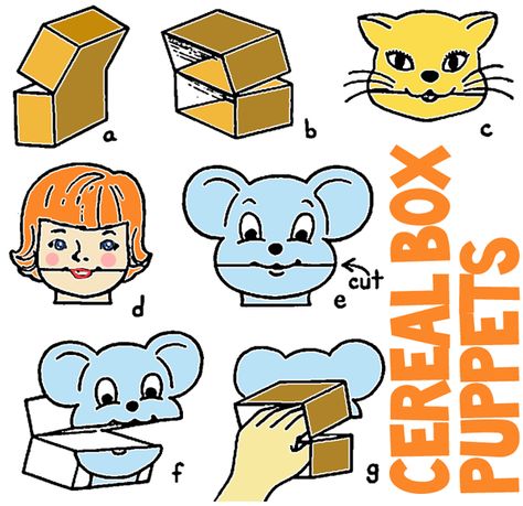 Making puppets with cereal boxes. Would be great to use the little single cereal boxes. Box Puppet, Making Puppets, Animal Logo Inspiration, People And Animals, Puppets For Kids, Puppets Diy, Cereal Boxes, Childcare Activities, Fun Games For Kids