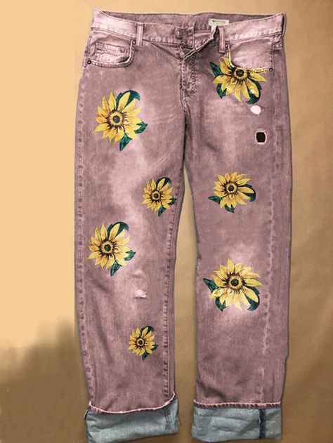 Casual Plus Size Women S-3XL Sunflower Embroidery Jeans | Clothing >> Bottoms >> Pants | Casual Pants - Noracora | noracora Sunflower Embroidery, Girl Patches, Jeans Light Blue, Denim Patterns, Boho Style Dresses, Boho Floral Dress, Printed Jeans, Cotton Bottoms, Sunflower Print