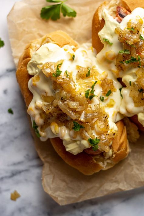 Cheese Hot Dogs with Caramelized Onions Recipe Loaded Hot Dogs Toppings, Easy Dinner Recipes With Hot Dogs, Sides For Hot Dogs And Hamburgers, Gourmet Hotdogs Recipes, Hot Dogs For A Crowd, Gourmet Hot Dog Recipes, Hot Dog Gourmet, Loaded Hot Dogs, Gourmet Hotdogs