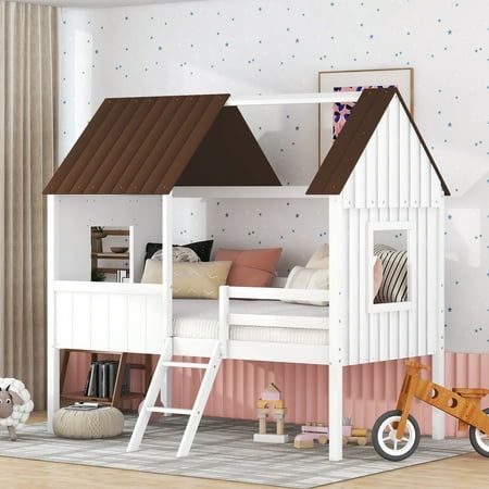 Any child will be excited to have their very own hideaway in their bedroom with the my loft house bed. It has a rustic finish and features front entry ladder steps, window cutouts, and space underneath for storage. My low loft bed features a twin size upper sleeping area that includes complete slat mattress supports. You will get in easy, and you can also stack all your cool stuff in there. The DIY area under the kids twin bed that can be used for storage space, or as a play area for children, providing maximum customization options. My wood kids house bed is as sturdy as it is fun. Quality wood construction and beautiful details make this a wonderful centerpiece for your child's bedroom.Do you dare to sleep a bit higher? This semi-high play house bed will bring your adventures to the ulti Toddler Loft Bed, Loft House Bed, Cool Toddler Beds, Loft Bed Twin, Playhouse Loft Bed, Beds Wood, Toddler Bed With Storage, Twin Size House Bed, Bed Twin Size