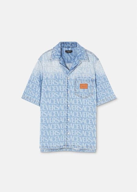 Versace La Vacanza for Him | Official Website Versace Mens Shirt, Versace Clothes, Short Sleeve Denim Shirt, Versace Shirts, Versace Logo, Allover Pattern, Versace Home, Versace Shirt, Airport Fashion