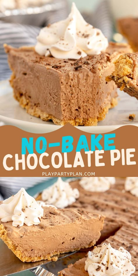 The best no bake chocolate pie! A creamy and rich chocolate dessert that's perfect for Thanksgiving, the holidays, or even the summer! Chocolate No Bake Pie, Hot Chocolate Pie, Baby Shower Dessert Ideas, Shower Dessert Ideas, No Bake Chocolate Pie, Easy Party Food Recipes, Rich Chocolate Dessert, Easy Chocolate Pie, Healthy Chocolate Snacks