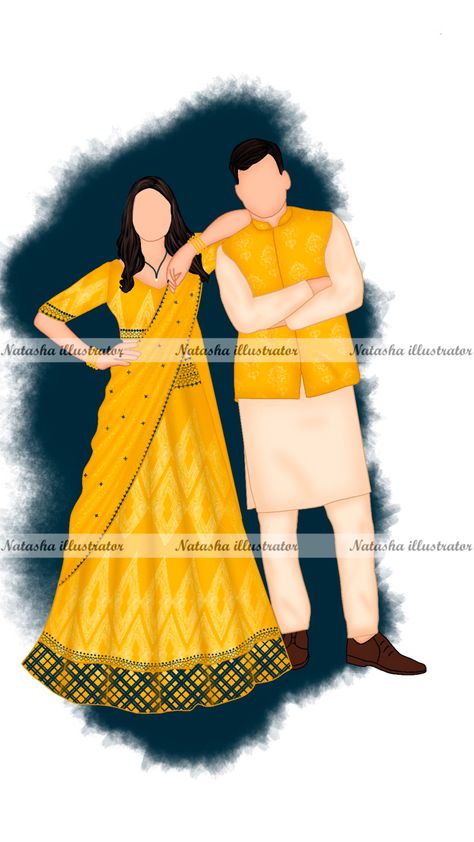 Elegant attire for haldi ceremony #fashion #digital #illustration #sketch #design #illustration Bookings are open for 2023! Order details: https://instagram.com/natasha_chhabra_illustrator?igshid=OGQ5ZDc2ODk2ZA%3D%3D&utm_source=qr Haldi Ceremony Caricature, Haldi Illustration Couple, Haldi Caricature Couple, Haldi Couple Illustration, Mehndi Caricature, Haldi Ceremony Illustration, Haldi Illustration, Haldi Caricature, Haldi Couple