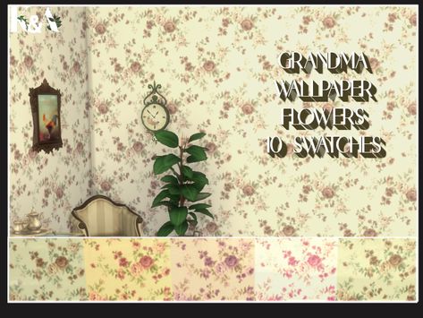 A room with older looking decorations and a busy looking floral wallpaper. #TheSims4 sims 4 custom content wallpaper #Sims4CC Sims 4 Floral Wallpaper, Content Wallpaper, Sims 4 Wallpaper, Cc Wallpaper, Foxy Wallpaper, Cottagecore Wallpaper, Emo Wallpaper, 4 Wallpaper, Wallpaper Flowers