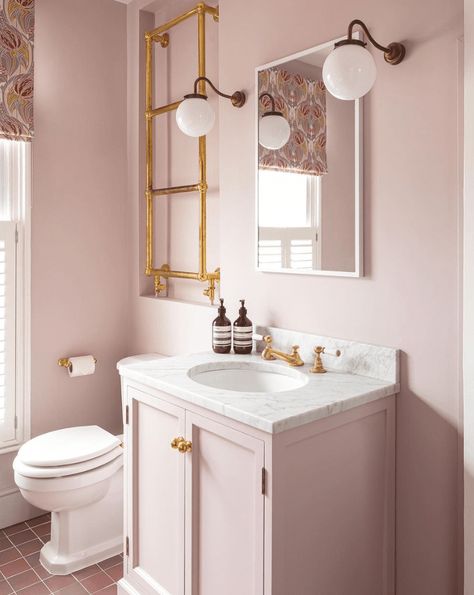 40 Pink Bathroom Ideas That Are Fun Yet Sophisticated Above Toilet Storage Ideas, Pink Bathroom Paint, Toilet Storage Ideas, Pink Bathroom Vanity, Above Toilet Storage, Pink Bathrooms, Pink Tub, Above Toilet, Small Bathroom With Shower