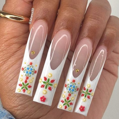 Blue Mexican Nails, Nails Acrylic Basic, Mexican Style Nails, Cute Nails Design, Design Nails Acrylic, Basic Baddie Nails, Folk Art Patterns, Trendy Nails Ideas, Mexican Nails