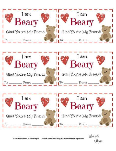 Free Printable: I'm Beary Glad You're My Friend Valentine - Southern Made Simple You Are Beary Special Free Printable, Beary Special Valentine Printable, Free Bear Valentine Printable, Beary Valentine Printable, You Are Beary Special, Free Valentines Day Printables For Kids Gift Tags, Free Printable Class Valentines, Gummy Bear Valentines Free Printable, Valentine Cards To Make Free Printables