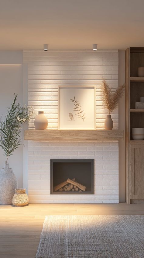 A stylish white brick fireplace enhances a cozy living space with modern decor. Modern Country Fireplace, White Brick Fireplace Makeover, Fireplace Makeover Before And After, Apartment Makeover On A Budget, White Brick Living Room, Tapered Fireplace, Fireplace Tile Ideas Modern, Japandi Fireplace, White Brick Fireplace Ideas