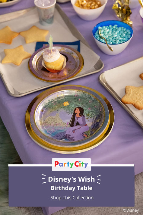 Explore our collection of tableware for an enchanted birthday party inspired by Disney’s Wish. Dress the table with a lilac-colored tablecloth, then layer with themed plates, cups, napkins, and utensils. Top your party table with colorful candy and decorations. Find more Disney’s Wish table settings at Party City. Disney Wish Party Theme, Wish Birthday Party Theme, Disney Wish Party, Wish Themed Birthday Party, Wish Party Theme, Disney Wish Birthday Party, Wish Birthday Party, Enchanted Birthday Party, Wish Asha