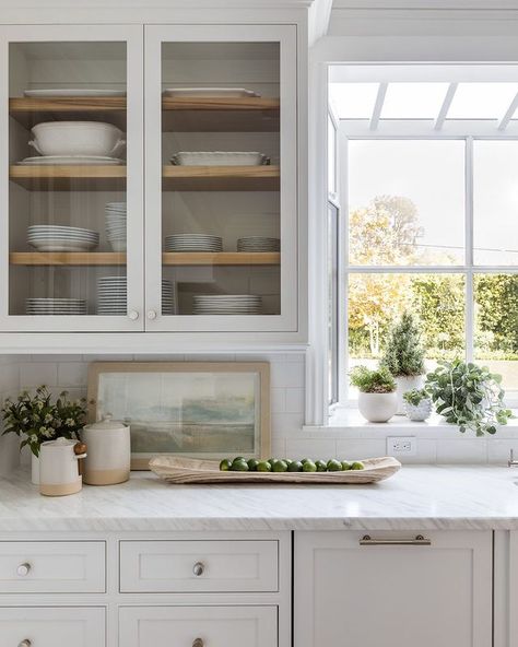 All Posts • Instagram Glass Front Kitchen Cabinets, Kitchen Garden Window, Glass Upper Cabinets, Pure Salt Interiors, Glass Kitchen Cabinets, Marble Countertop, Kitchen Cabinet Hardware, Furniture Office, White Cabinetry