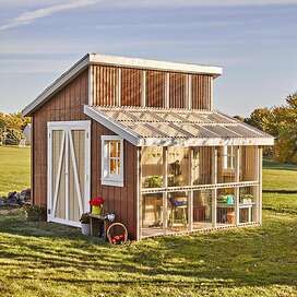 Greenhouse With Shed Attached, Greenhouse Shed Combo, Good Neighbor Fence, Backyard Structures, Greenhouse Shed, Build A Greenhouse, House Shed, Backyard Greenhouse, Outdoor Sauna