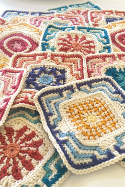 Moroccan Afghan Crochet, Granny Afghan Crochet, Tile Granny Square, Crochet Moroccan Tile, Embroidery In Crochet, Crochet Moroccan Tile Afghans, Crochet Tiles Free Pattern, Moroccan Tile Crochet Patterns, Fun Crochet Squares