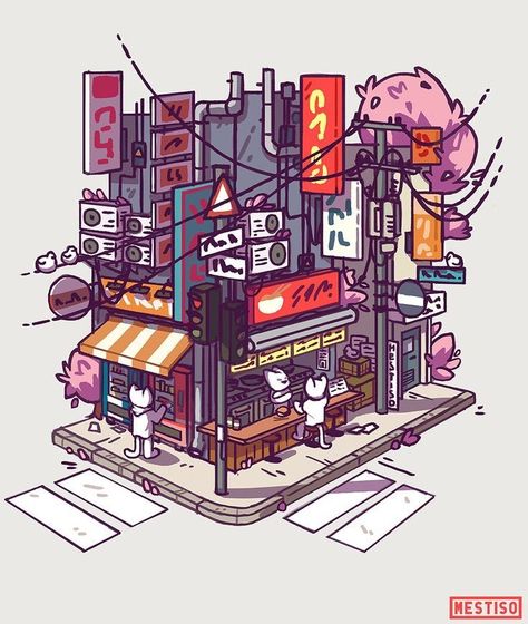 Isometric Drawing, Corner Shop, Isometric Art, Isometric Illustration, Japon Illustration, Building Art, Fantasy Art Landscapes, Digital Art Illustration, Environment Concept Art