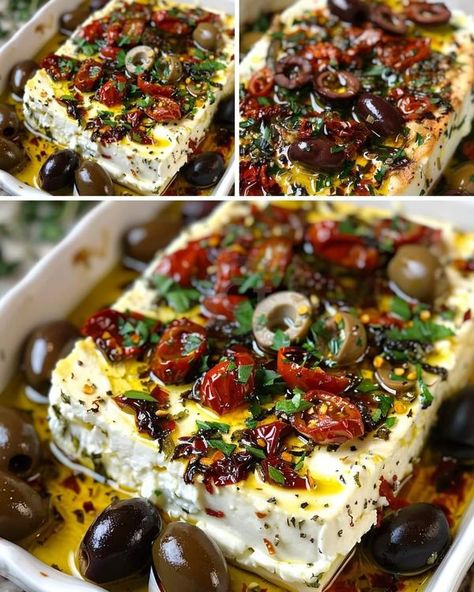 Baked Feta With Olives, Feta With Olives, Marinated Cheese, Baked Feta, Sun Dried Tomatoes, Quick Snacks, Dried Tomatoes, Bbq Recipes, Sun Dried