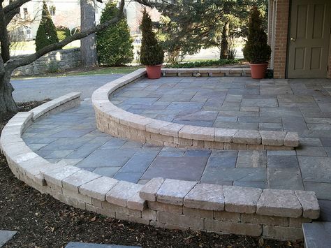 Bluestone front entryway by Norland Landscape - ramp that serves everyone leading to a raised patio Porch Ramp, Stone Ramp, Porch With Ramp, Accessible Homes, Accessible House, Ramp Design, Access Ramp, Raised Patio, Brick Patio