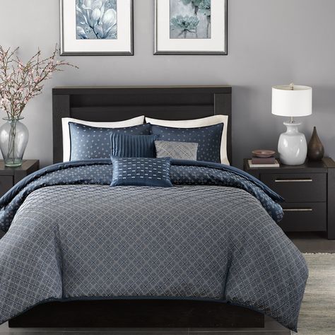 Madison Park Morris Navy 6 Piece Duvet Cover Set - Bed Bath & Beyond - 12637305 Navy Blue Comforter, Dark Wood Bedroom Furniture, Bedroom Decor Bedding, Spare Bedroom Office, Luxury Bedding Master, Dark Wood Bedroom, Navy Bedroom, Dark Blue Bedrooms, Blue Bedroom Design