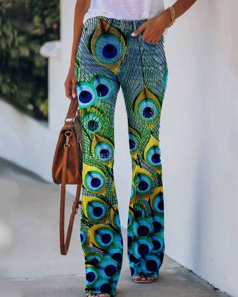 Women's Peacock Pattern Pants Vintage Floral Pants, Straight Wide Leg Jeans, Peacock Pattern, Painted Jeans, Leggings Women, Jeans Leggings, Printed Jeans, Pencil Pants, Floral Pants