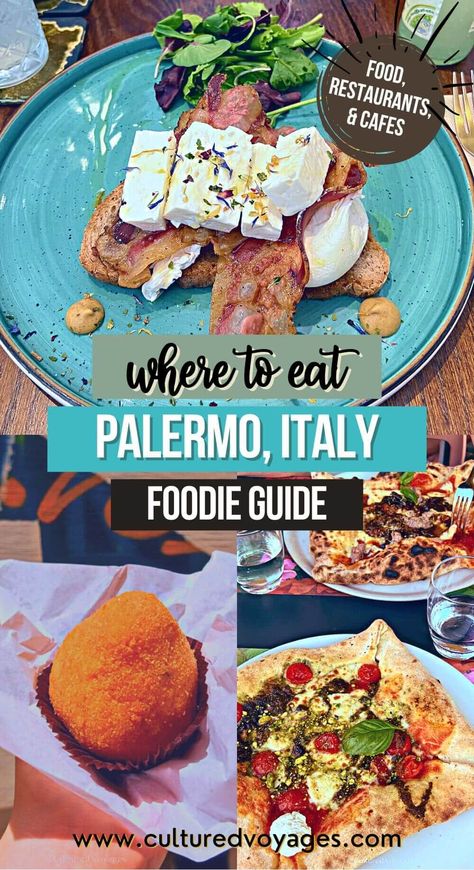 where to eat in palermo pinterest pin cover, meat dish topped with cheese and a salad side on a blue plate, a hand holding an arancini, and  Sicilian pizzas Palermo Sicily Restaurant, Best Restaurants In Sicily, Italy Honeymoon Itinerary, Sicilian Cuisine, Brunch Barcelona, Sicily Trip, Italy Cruise, Hidden Restaurants, Honeymoon Itinerary