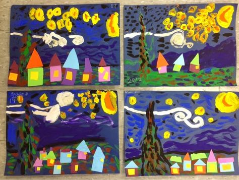 I have posted about Van Gogh's Starry Night for a number of years, and in a number of different ways. It is a painting that will alway... Starry Night Kindergarten Art, Starry Night Painting, Artist Project, Winter Craft, Art Lessons For Kids, Cool Art Projects, Kids Night, Starry Night Van Gogh, Kindergarten Art