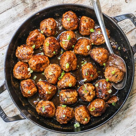 Firecracker Chicken Meatballs Vegan Chicken Meatballs, Firecracker Chicken Meatballs, Firecracker Meatballs, Favorite Chicken Recipes, Monthly Meals, Ground Chicken Meatballs, Food Basics, Firecracker Chicken, Sticky Sauce