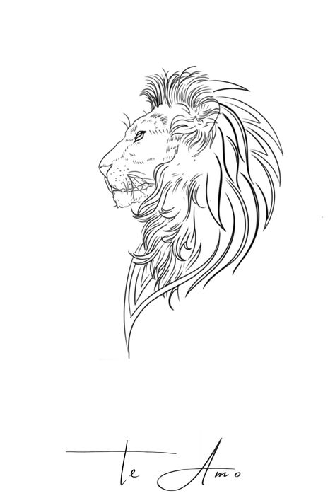 Lion Side Tattoo, Lion Side Profile Tattoo, Lion Side Profile Drawing, Lion Sketch Simple, Lion Profile, Lion Tattoo On Thigh, Angels Tattoo, Leaf Art Diy, Africa Tattoos