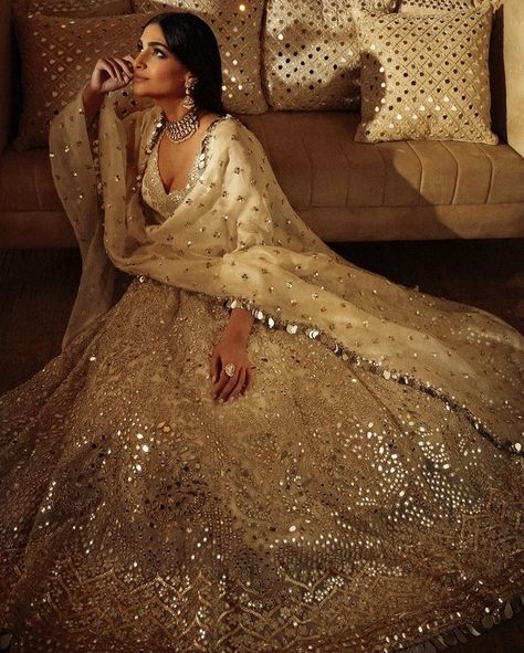 Diwali Inspiration, Shimmer Saree, Diwali Fashion, Abhinav Mishra, Mirror Work Lehenga, Bride And Groom Outfits, Indian Bridal Photos, Wedding Guest Looks, Sonam Kapoor