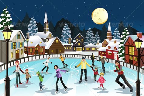 A vector illustration of people ice skating in an outdoor ice skating rink during the winter season. Vector illustration, zip arch Ice Skating Cartoon, People Ice Skating, Ice Skate Drawing, Vector Illustration People, Outdoor Ice Skating, Christmas Ice Skates, Winter Art Projects, Ice Skating Rink, Skating Rink