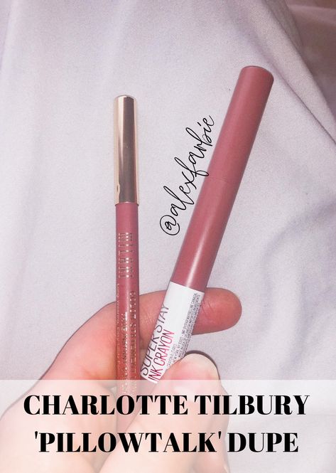 CHARLOTTE TILBURY PILLOWTALK AFFORDABLE SWAP! The same amazing lip combo for less!   shades: trust your gut & spice Maybelline Trust Your Gut, Drugstore Nude Lip Combo, Affordable Lip Combos, Drugstore Lip Combos For Light Skin, Maybelline Lip Crayon, Drugstore Lip Liner, Drugstore Lip Combos, Maybelline Superstay Ink Crayon, Drugstore Lips